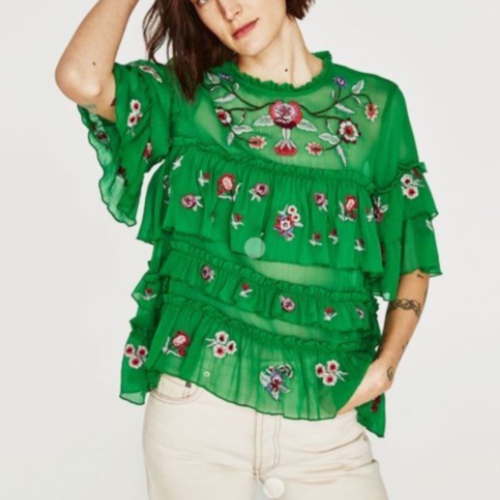 [M] Zara Women Flouncy Green Embroidered Flower Tiered Blouse